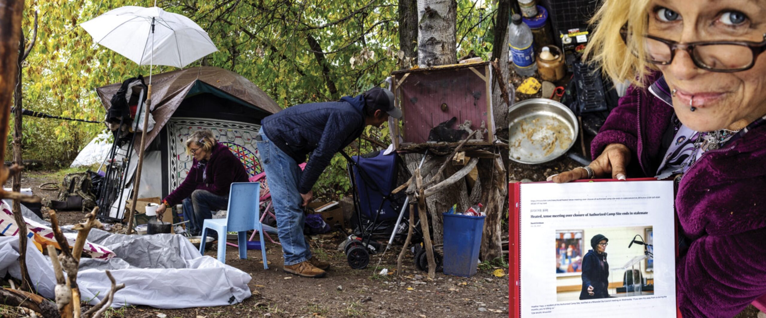 Hayes warming coffee and holding Missoulian article