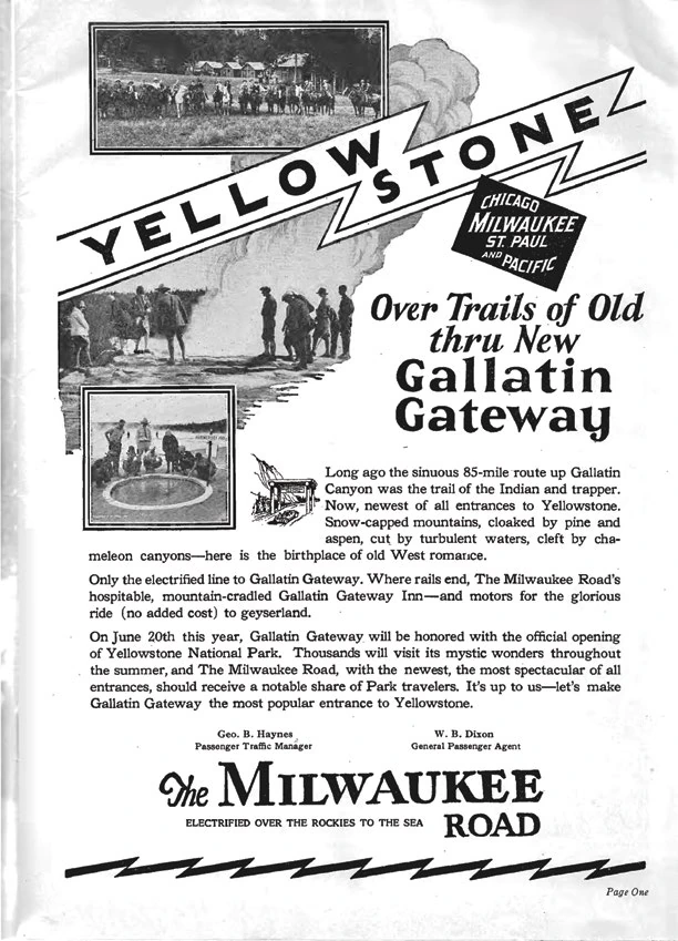 Gallatin Gateway Inn 5 A Milwaukee Road advertisement promoting travel to Yellowstone via Gallatin Gateway