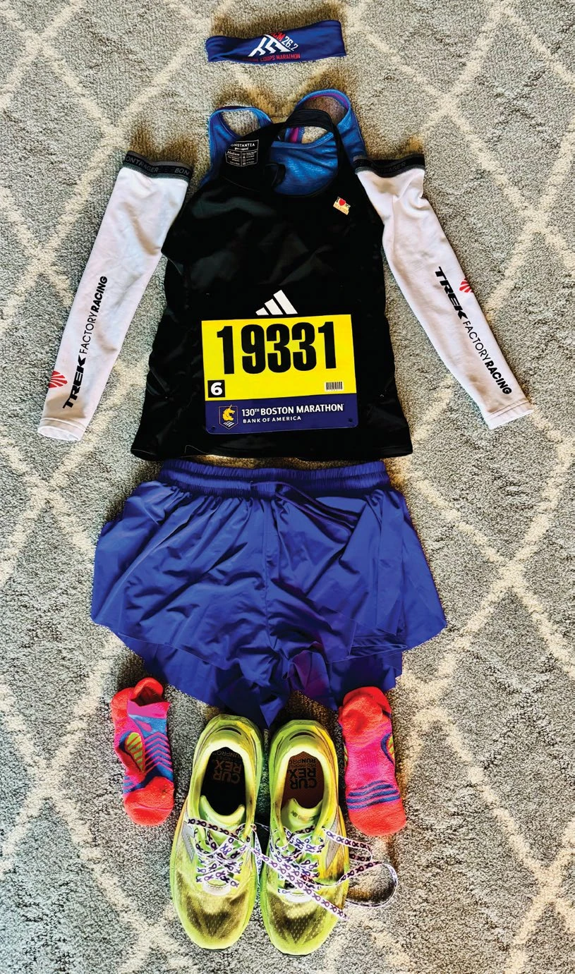 More Than 26.2 Miles 3 Carbon-plated shoes, a race bib and race-day kit laid out